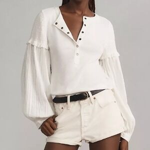 Pilcro Andie Ribbed Henley Top Large White Balloon Sleeve Textured Romantic Chic